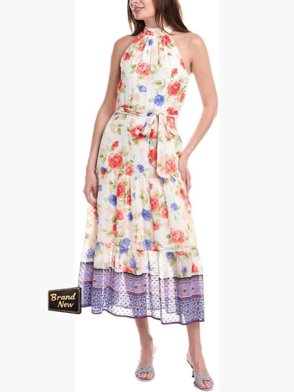 Halter Neck Patio Dress Sleeveless Knee Length Pull On Solid Floral Spring
